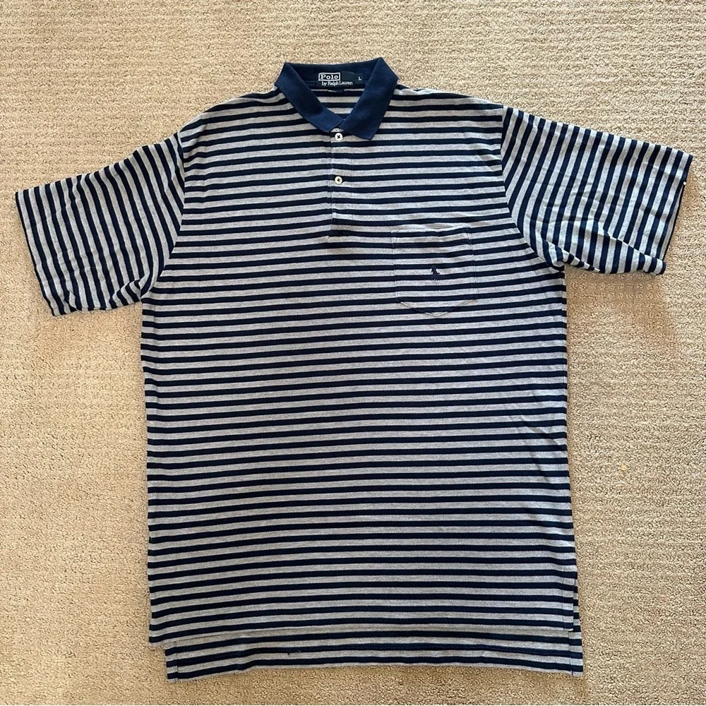 POLO RALPH LAUREN men’s gray & blue striped short sleeve polo shirt - size L/XL